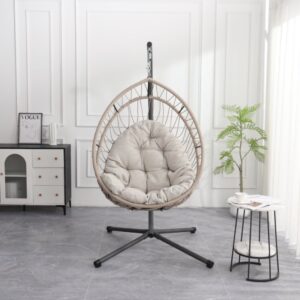 Outdoor egg-shaped hanging chair with stand, patio wicker swing egg-shaped chair, indoor rocking chair, outdoor hammock egg-shaped chair, linen gray