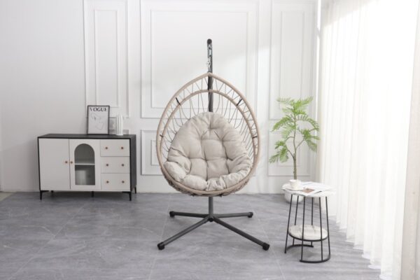 Outdoor egg-shaped hanging chair with stand, patio wicker swing egg-shaped chair, indoor rocking chair, outdoor hammock egg-shaped chair, linen gray