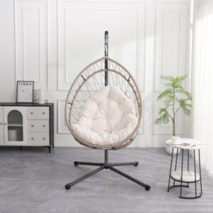 Outdoor Egg-shaped Hanging Chair with Stand, Patio Egg-shaped Swing Chair, Indoor Rocking Chair, Outdoor Hammock Egg-shaped Chair, Beige