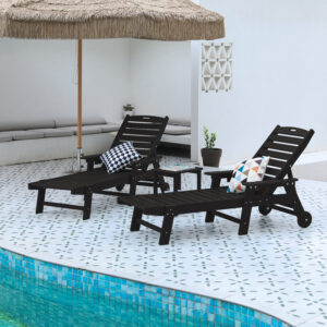 Lounge Chair with Side Table, 3-Piece Oversized Chaise Lounge Chair Set ,Black, All Weather Patio Lounge Chair with 5 Positions, Wheels & Cup Holder (2 Lounge chairs and 1 Table)