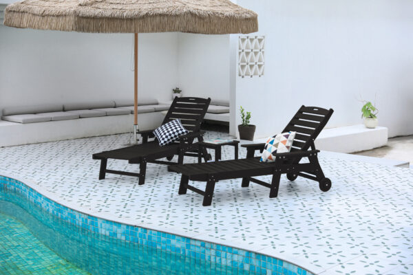 Lounge Chair with Side Table, 3-Piece Oversized Chaise Lounge Chair Set ,Black, All Weather Patio Lounge Chair with 5 Positions, Wheels & Cup Holder (2 Lounge chairs and 1 Table)