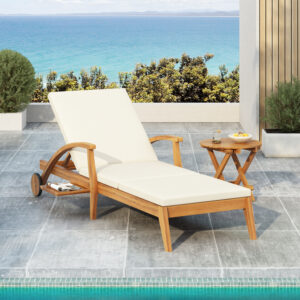 CHAISE LOUNGE WITH WHEEL - ACACIA WOOD RECLINER FOR PATIO/GARDEN, WITH 2INCH WHITE CUSHION, 4-POSITION ADJUSTABLE BACKREST, VERSATILE OUTDOOR FURNITURE