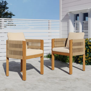 Acacia Wood Outdoor Dining Chairs 2-Pack with Brown Rope Handles, Washable Waterproof Beige Cushions, 400 lbs Capacity
