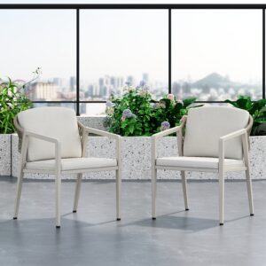 Outdoor Dining Chair Set of 2, Wicker Rattan Woven Patio Chairs, Outdoor Armchair Seating for Patio Backyard Poolside Balcony, Waterproof seat and cushion, Grey+Beige