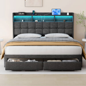 King Bed Frame , Upholstered Headboard, and 2 Drawers, Linen Upholstered Platform Bed with LED Lights & Charging Station, Sturdy & Easy to Assemble, No Box Spring Needed, Dark Gray