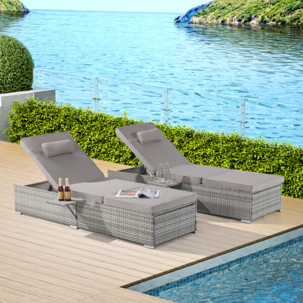 Outdoor Chaise Lounge Chair Set of 2 with Patio Pool Chairs Tanning Lounges for Outside,Beach Rattan Recliners with Adjustable Backrest, Table, Cushion for Poolside Backyard Garden