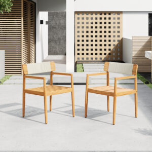 CREATIVE BRAIDED ACACIA WOOD OUTDOOR DINING TABLE AND CHAIRS WITH ARMRESTS, SUITABLE FOR OUTDOOR DINING AND LEISURE PLACES, TEAK LOOK & WHITE ROPE,SET OF 2
