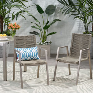 Outdoor Modern Aluminum Dining Chair with Rope Seat (Set of 2), Silver and Taupe