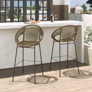 Ferrara Outdoor Patio Green Faux Wicker Barstool, Set of 2