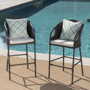 Outdoor 31" PE Rattan Barstools with Waterproof Cushions, Set of 2, Multibrown