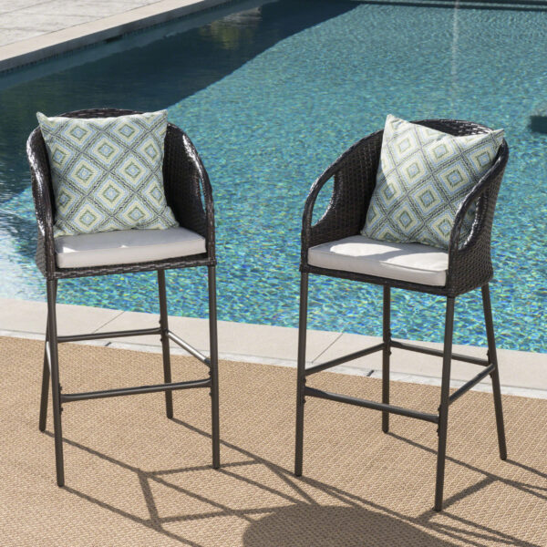 Outdoor 31" PE Rattan Barstools with Waterproof Cushions, Set of 2, Multibrown