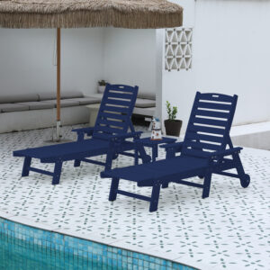 Lounge Chair with Side Table, 3-Piece Oversized Chaise Lounge Chair Set with Wood Texture,Navy Blue,All Weather Patio Lounge Chair with 5 Positions,Wheels&Cup Holder(include 2Lounge chairs and 1Table)