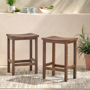 Outdoor Acacia Wood Counter Height Barstool, Set of 2, Mahogany Brown Finish
