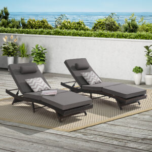Outdoor Wicker Long Reclining Chair Set of 2 , Wicker Reclining Lounge Chair Lawn Sunbathing Chairs Recliner up to 150° Beach Poolside Garden