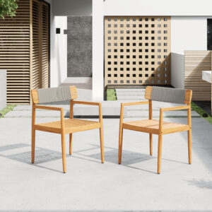 CREATIVE BRAIDED ACACIA WOOD OUTDOOR DINING TABLE AND CHAIRS WITH ARMRESTS, SUITABLE FOR OUTDOOR DINING AND LEISURE PLACES, TEAK LOOK & GREY ROPE,SET OF 2