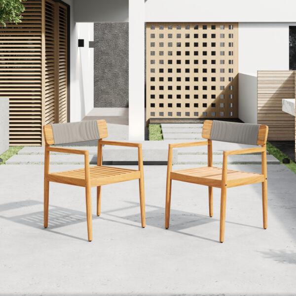CREATIVE BRAIDED ACACIA WOOD OUTDOOR DINING TABLE AND CHAIRS WITH ARMRESTS, SUITABLE FOR OUTDOOR DINING AND LEISURE PLACES, TEAK LOOK & GREY ROPE,SET OF 2