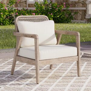 Outdoor Acacia Wood Patio Club Chair, Patio Furniture,Waterproof Thick Cushion Deep Seating for Porch, Garden, Backyard, Balcony, Weight Capacity 400lbs, Light Brown finish, Cream cushion