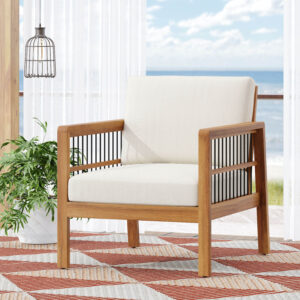 Acacia Wood and Wicker Outdoor Club Chair, Deep Seating with Soft Cushion, Porch Chairs for Garden, Backyard Porch Balcony, Teak Finish & Beige Cushion