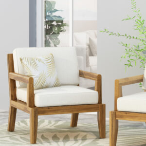 Outdoor Acacia Wood Patio Club Chair, Patio Furniture,Waterproof Thick Cushion Deep Seating for Porch, Garden, Backyard, Balcony, Teak Finish + Beige Cushion