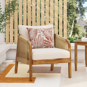 Acacia Wood and Wicker Outdoor Club Chair, Deep Seating with Soft Cushion, Porch Chairs for Garden, Backyard Porch Balcony, Brown & Beige